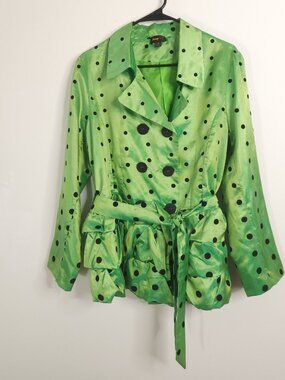 Jerry T Electric Green Iridescent Polka Dot Lightweight Pea Coat Jacket Belted